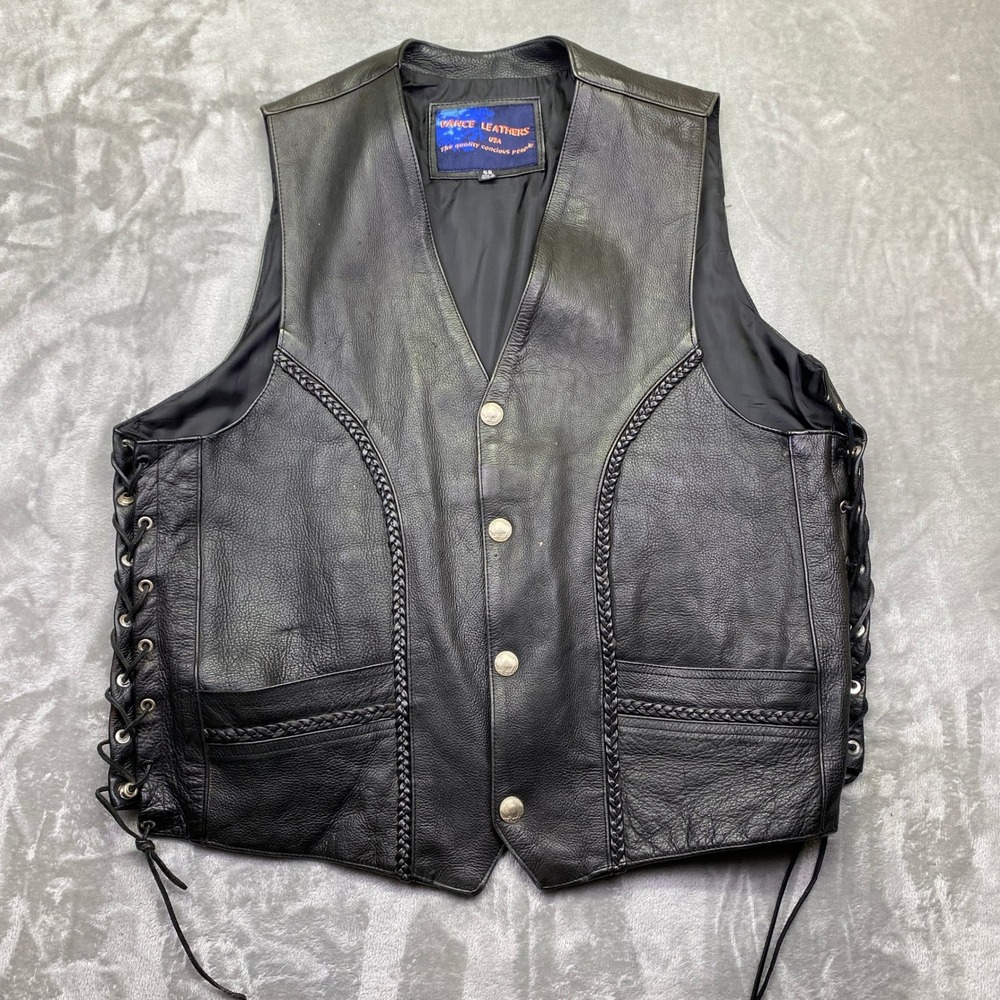 Vance‎ Leathers Mens Black Leather Moto Vest Braided Lace Up Sides Snap Front